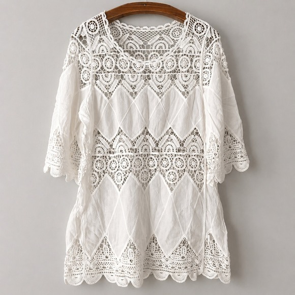 The Unbranded Brand Tops - Unbranded Blouse Size M White Cotton Lace Crochet Tunic Cottagecore Angelcore‎